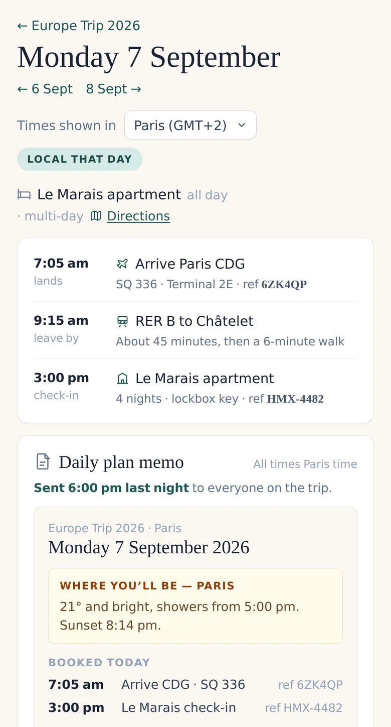 MaiCation's day page on a phone: Monday 7 September in Paris, the day's bookings with their references, and the daily memo.